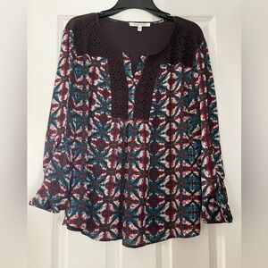 Black Rainn Burgundy and Teal Patterned Blouse